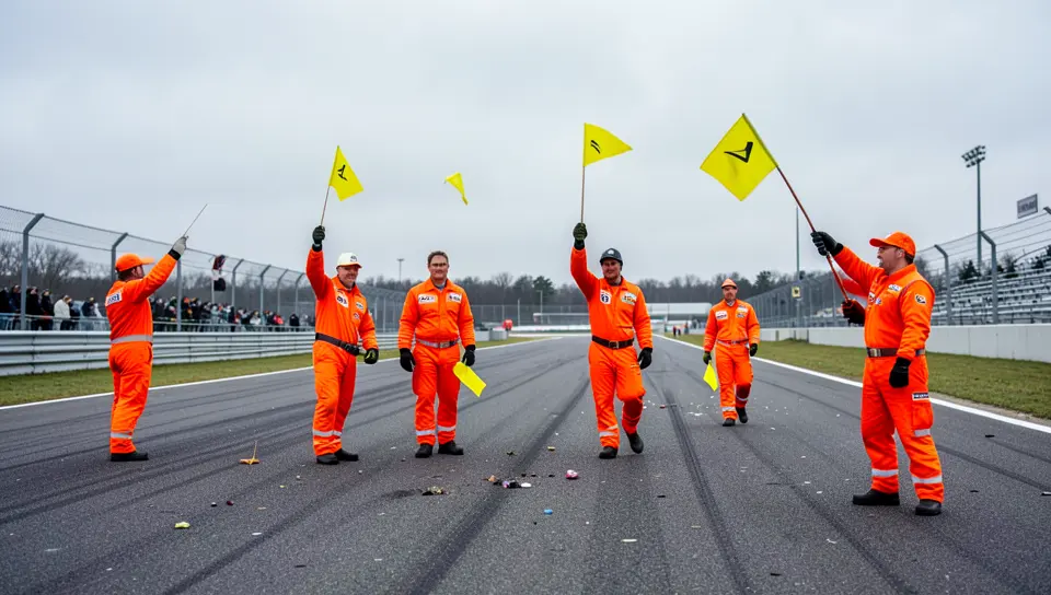 Track marshals in orange suits wave yellow caution flags while clearing debris from a racetrack