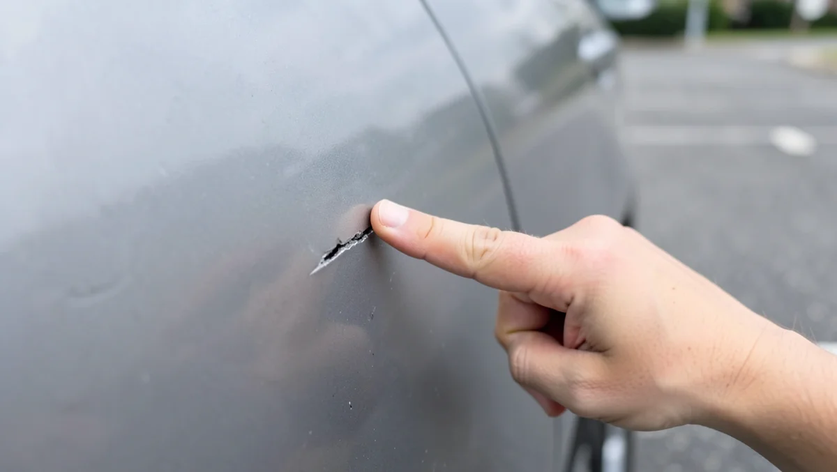 Hand pointing to a deep scratch and dent on a car door panel during a dealership trade-in inspection