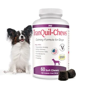 Tranquil-Chews calming formula for dogs with chamomile, L-tryptophan, and ginger