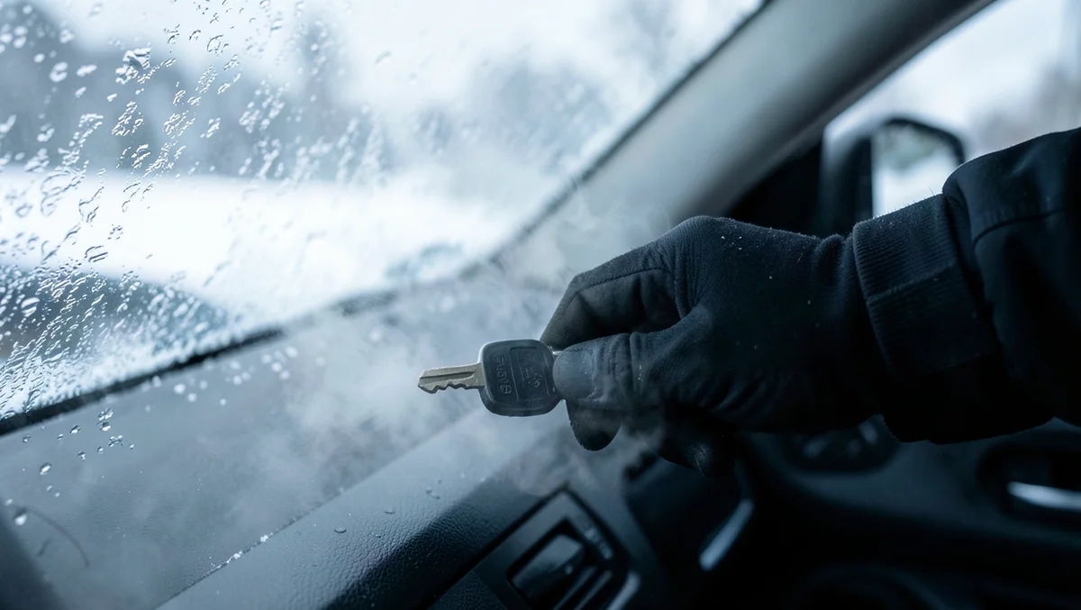 Gloved hand turning a car ignition key on a frosty winter morning with visible breath fog