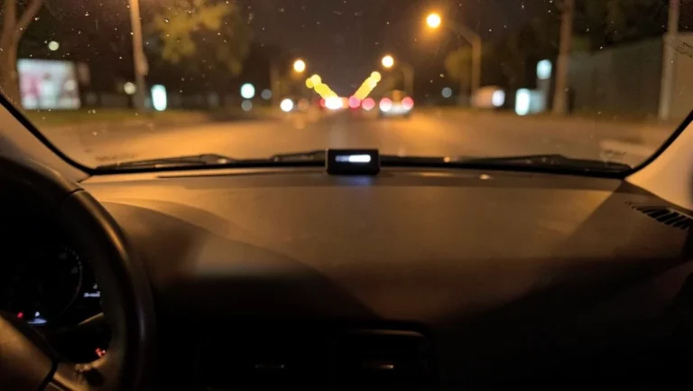 Small illuminated rideshare beacon light glowing on a car dashboard at night