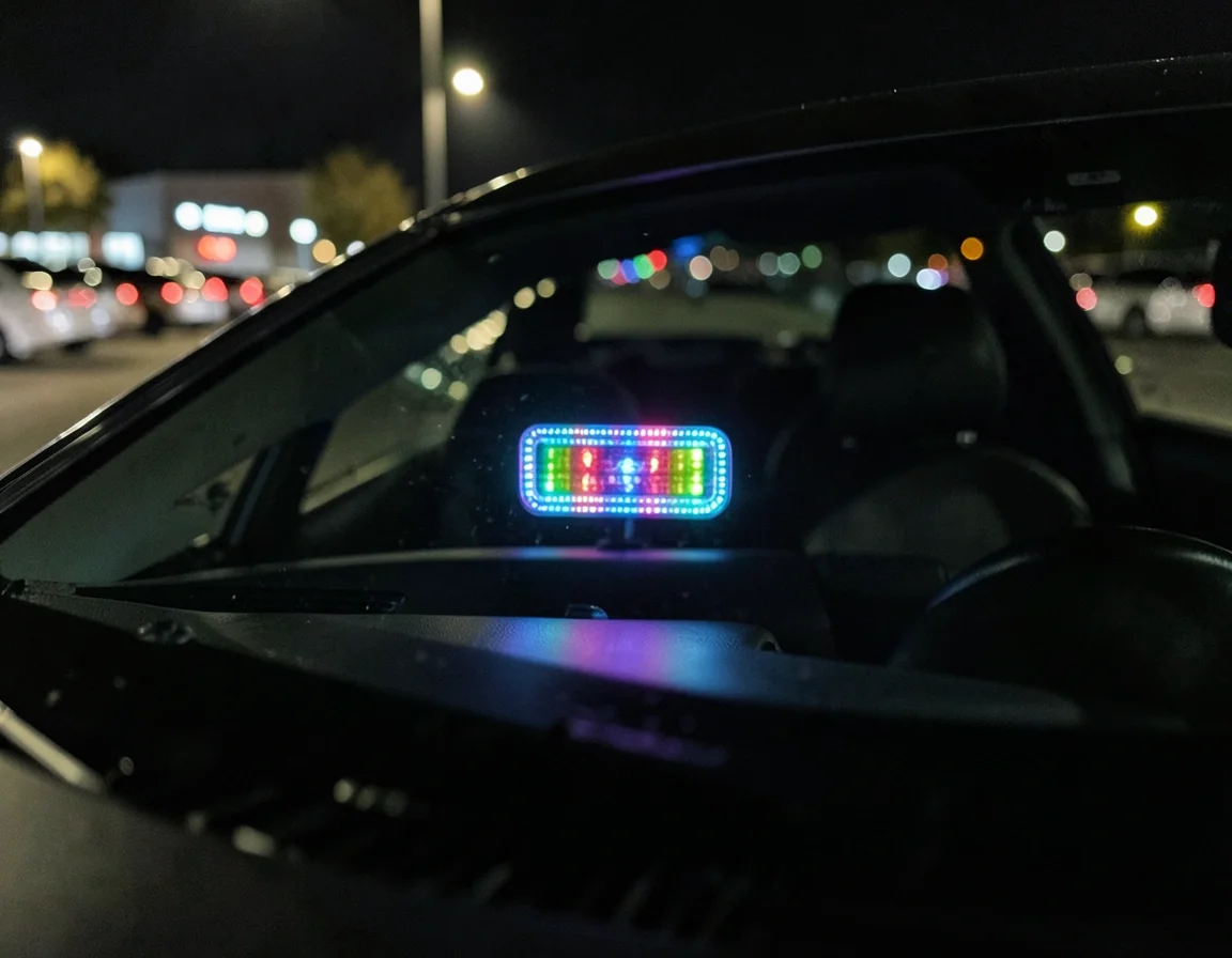 Colorful LED rideshare sign glowing in a car windshield at night in a parking lot
