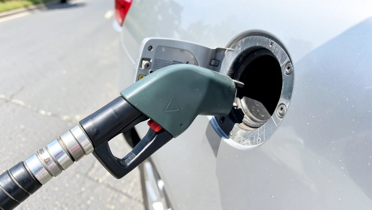 Gas pump nozzle inserted into a car fuel filler neck while refueling