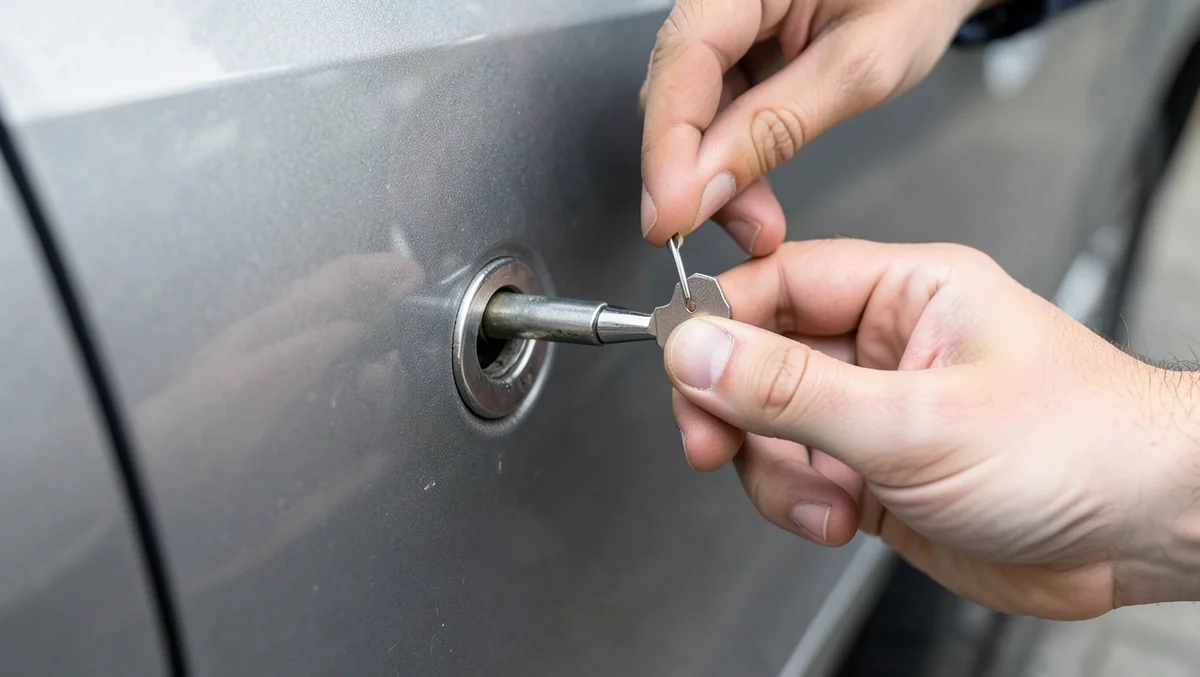 Hands using a small key blank and pick tool on a car door lock cylinder