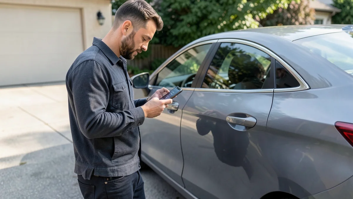 Man using a smartphone app to remotely unlock his car door
