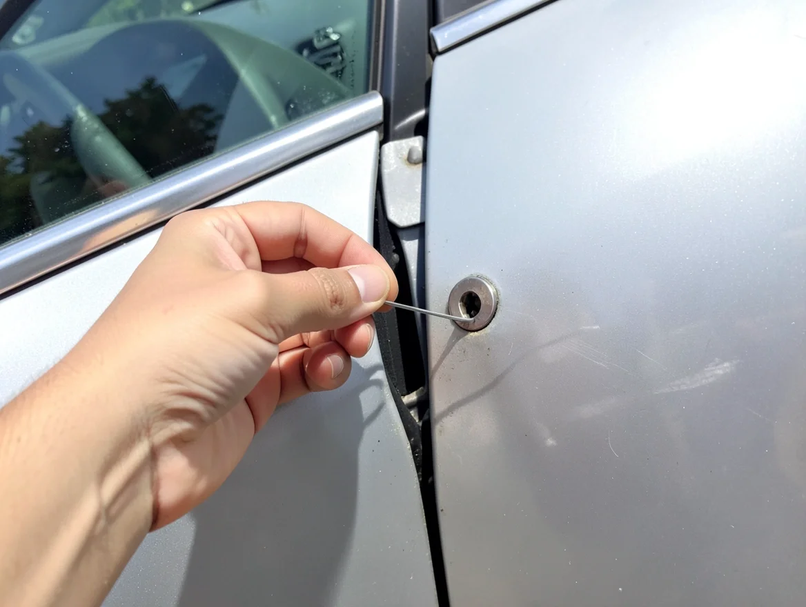 Hand holding a thin wire tool near a car door lock cylinder trying to unlock it