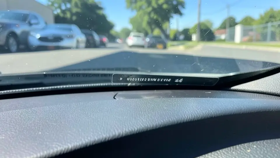 View through a car windshield in traffic, dashboard in the foreground
