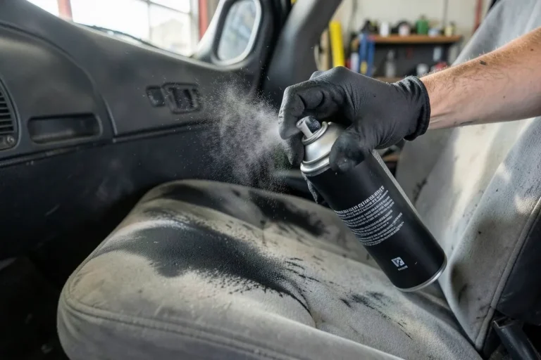 Person spraying black vinyl and fabric dye onto a faded car seat cushion with a gloved hand