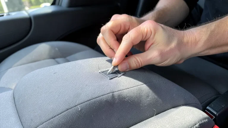 Hand applying a fabric patch to repair a torn car seat cushion