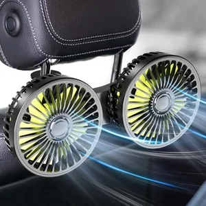 Dual-head USB-powered mini fan clipped to a car headrest for two rear seat passengers