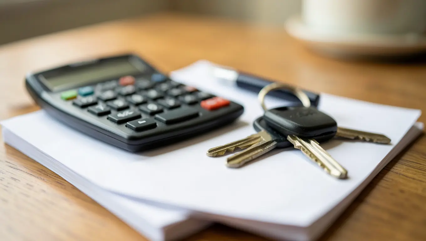 Calculator, pen, and car keys representing a used car loan interest rate calculation