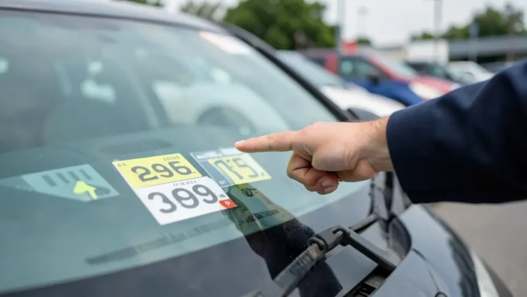 A salesperson pointing to price stickers on a used cars windshield at a dealership lot