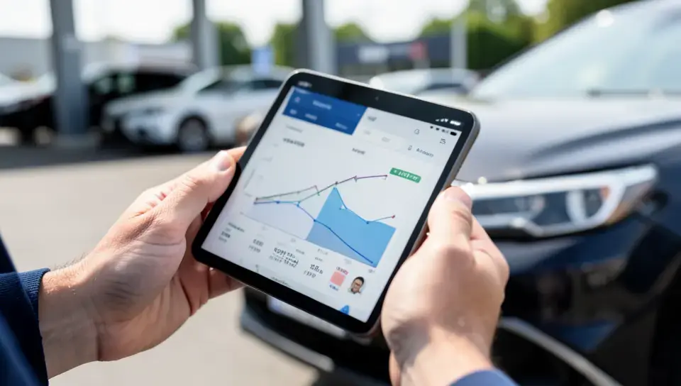 Car shopper checking used car price trends on a tablet at a dealership