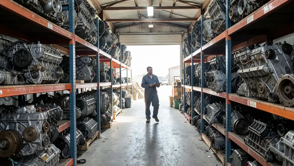Rows of used car engines and transmissions on shelving inside a salvage yard parts warehouse