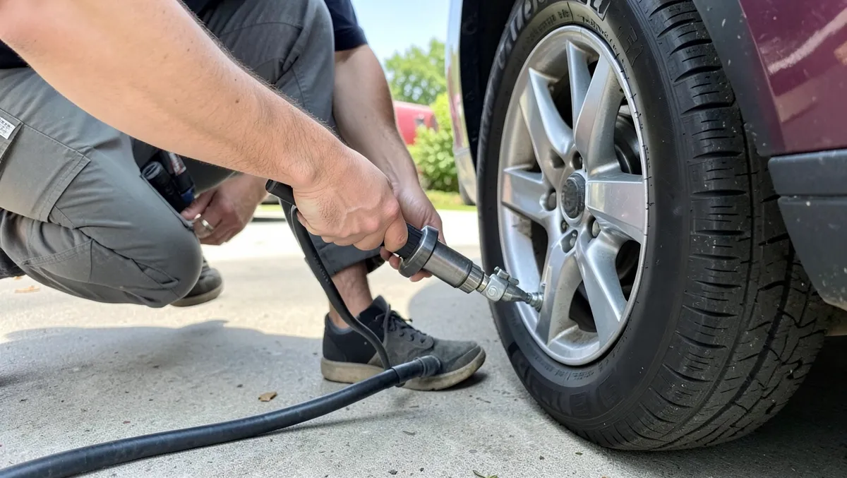 Person using a manual foot pump hose and air chuck to inflate a car tire
