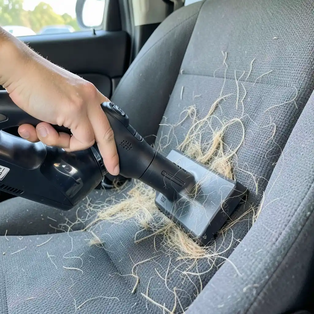 Handheld cordless vacuum crevice tool pressed against a gray fabric car seat covered in dog hair
