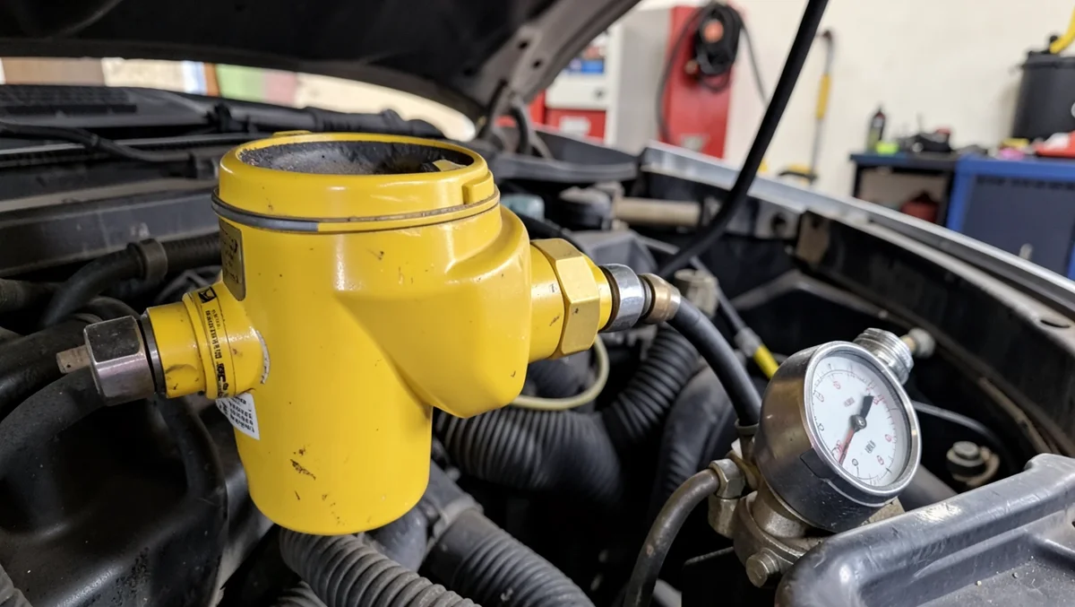Yellow vacuum pump connected to a car AC manifold gauge set under the hood
