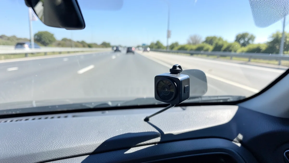Dash cam mounted on a car windshield recording the highway ahead