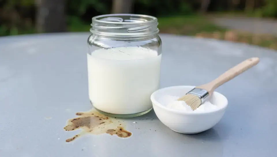 Vinegar and baking soda paste next to a faded bird dropping stain on a car hood