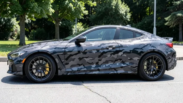 Sports coupe with a dark gray and black camouflage pattern vinyl graphics wrap covering the side door and rear quarter panel
