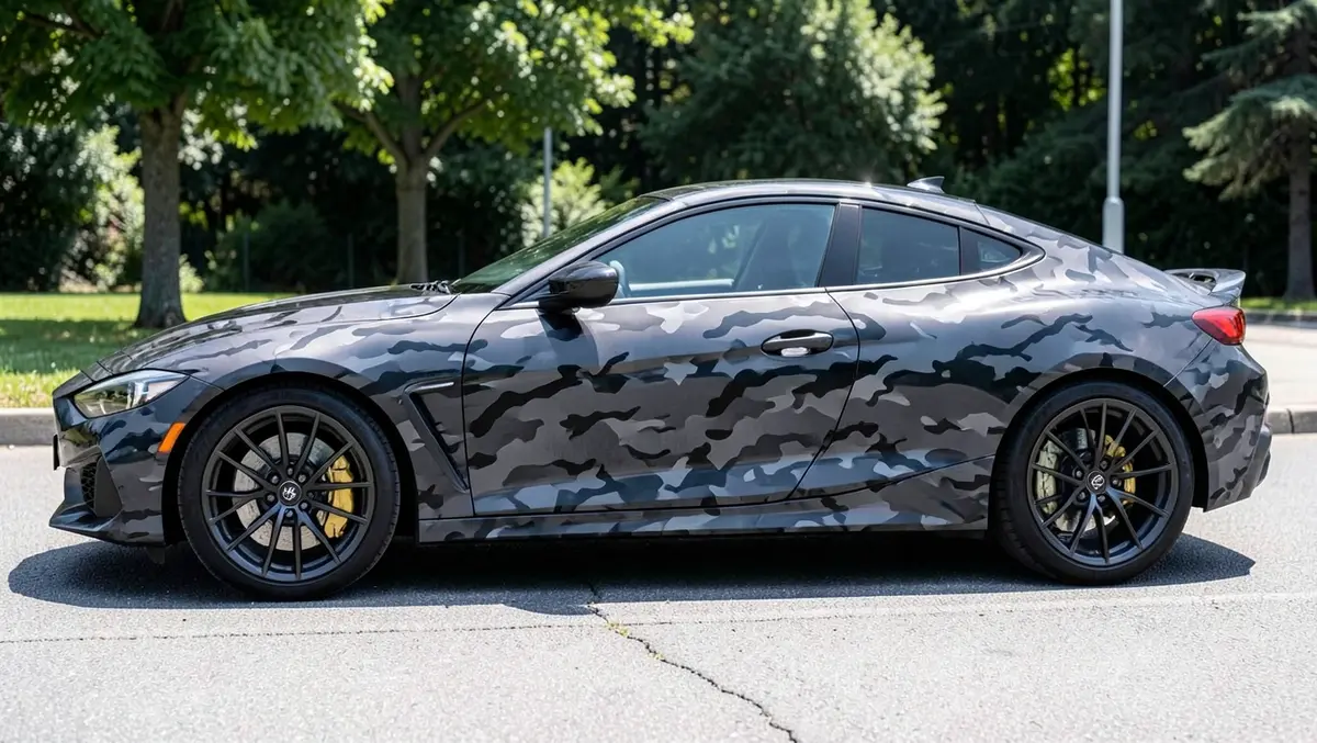 Sports coupe with a dark gray and black camouflage pattern vinyl graphics wrap covering the side door and rear quarter panel