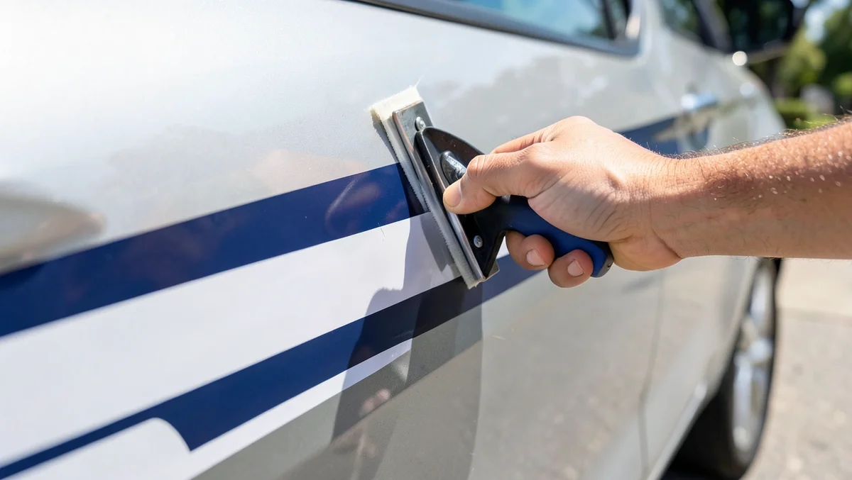 Hand using a felt-edge squeegee to smooth a navy blue vinyl side stripe graphic onto a white car door panel during installation
