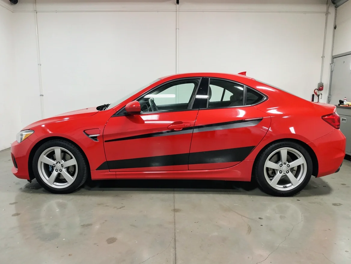 Red sports car with a black vinyl racing stripe sport decal along the door and rear quarter panel