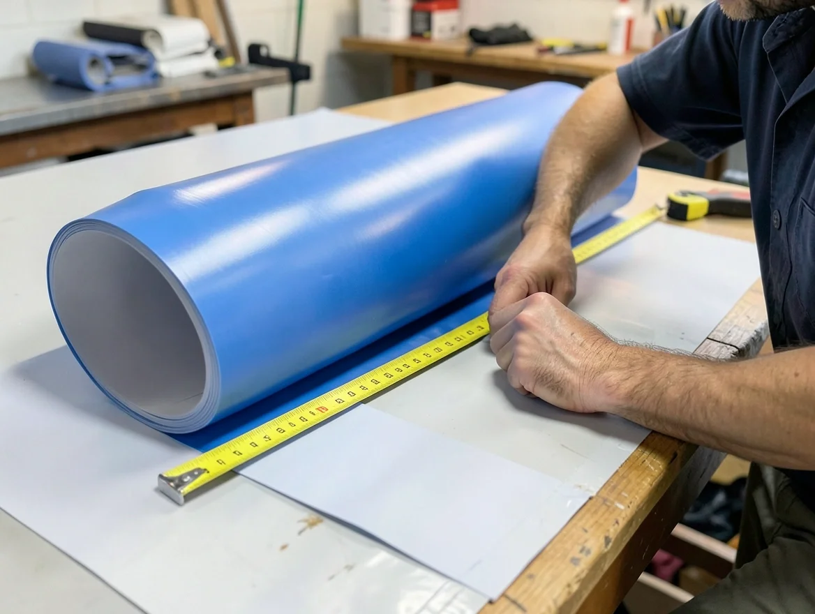 A technician measures a roll of vinyl wrap film with a tape measure on a workbench