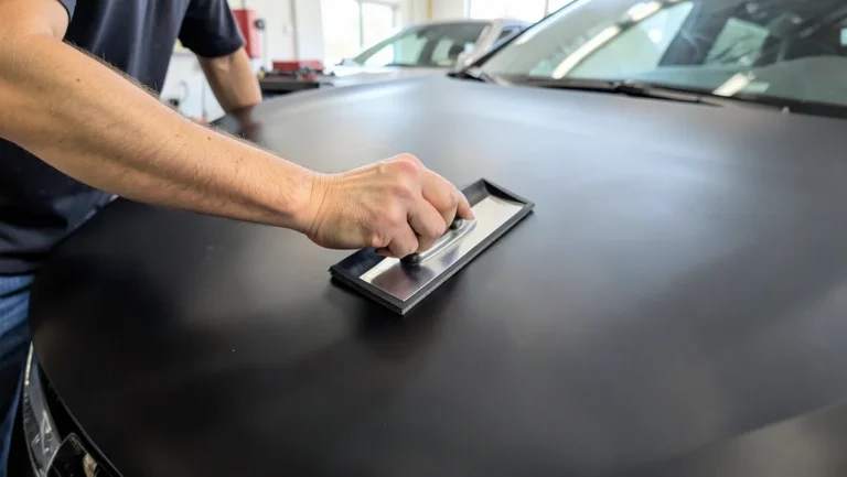 Technician applying matte black vinyl wrap film to a car hood with a squeegee