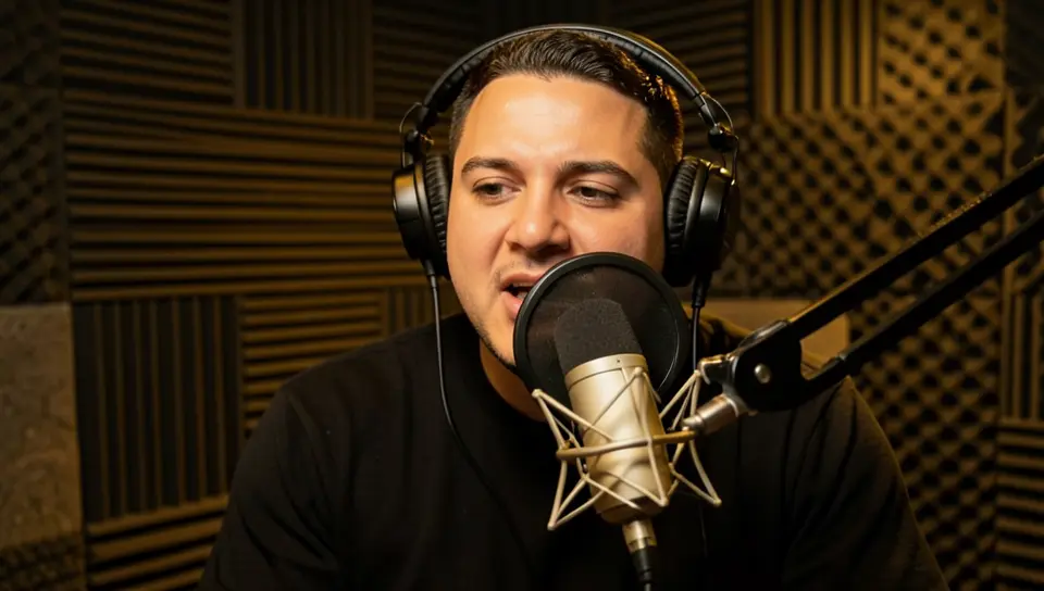 A voice actor recording lines in a soundproof studio booth