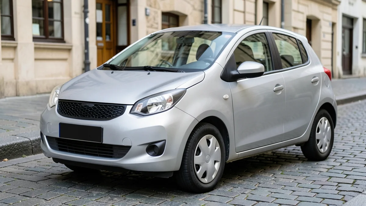 A plain silver compact hatchback car parked on a European cobblestone street, front three-quarter view