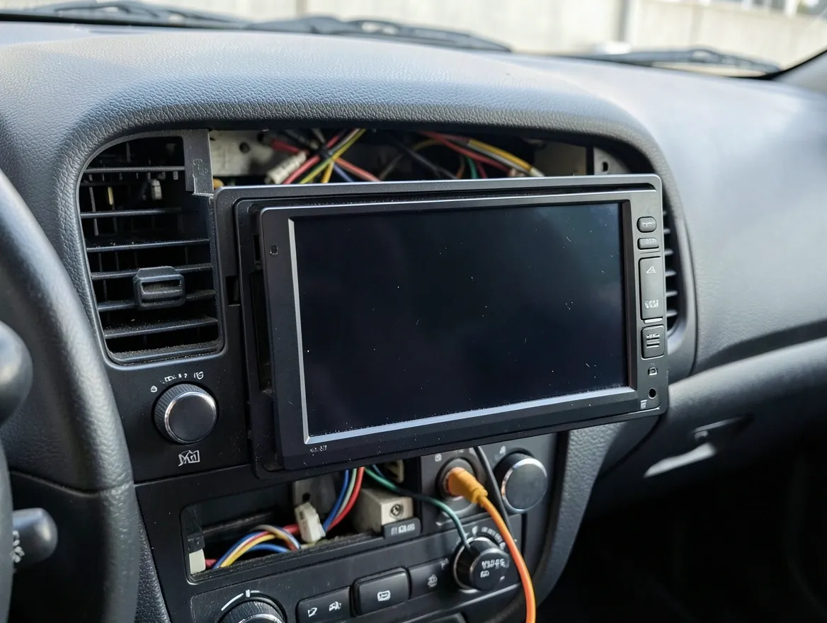 A double-din car stereo head unit partially removed from the dashboard with wiring visible, showing where a VTR video input jack would connect