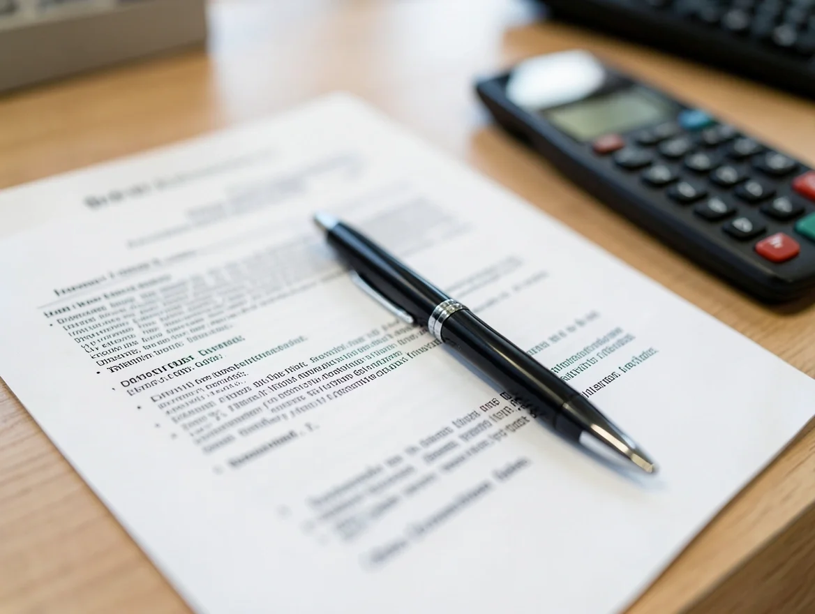 A car sales contract, pen, and calculator on a dealership desk, representing paperwork fee line items
