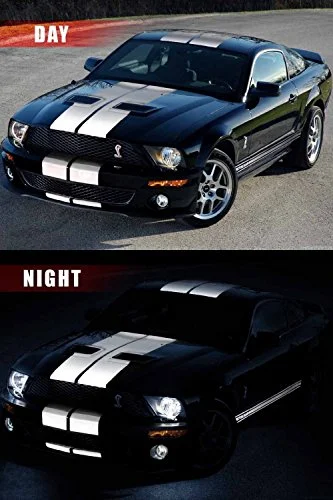 VViViD reflective gloss silver vinyl racing stripes shown in daylight and glowing at night