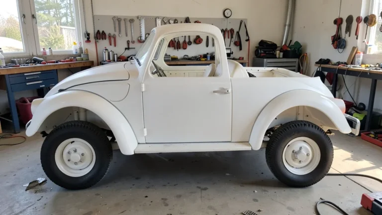 Fiberglass VW kit car dune buggy body test-fitted on a Beetle pan chassis