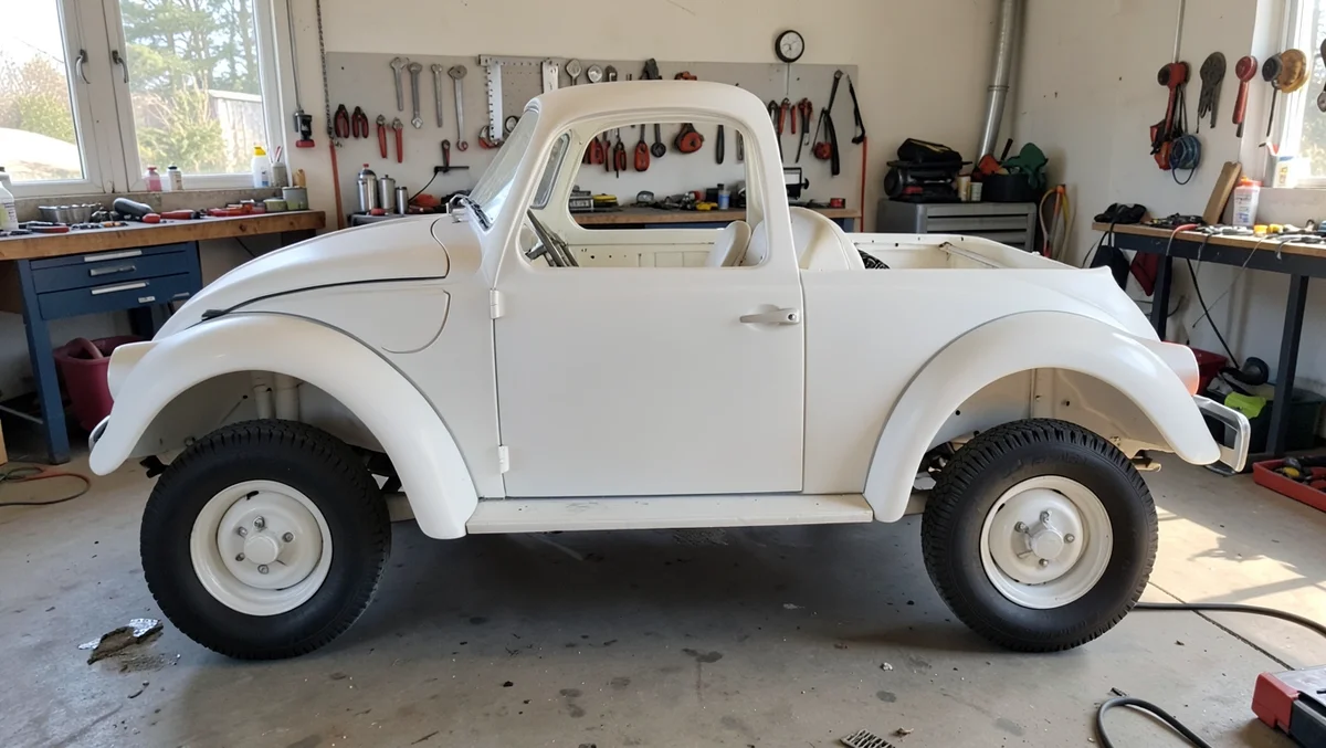 Fiberglass VW kit car dune buggy body test-fitted on a Beetle pan chassis