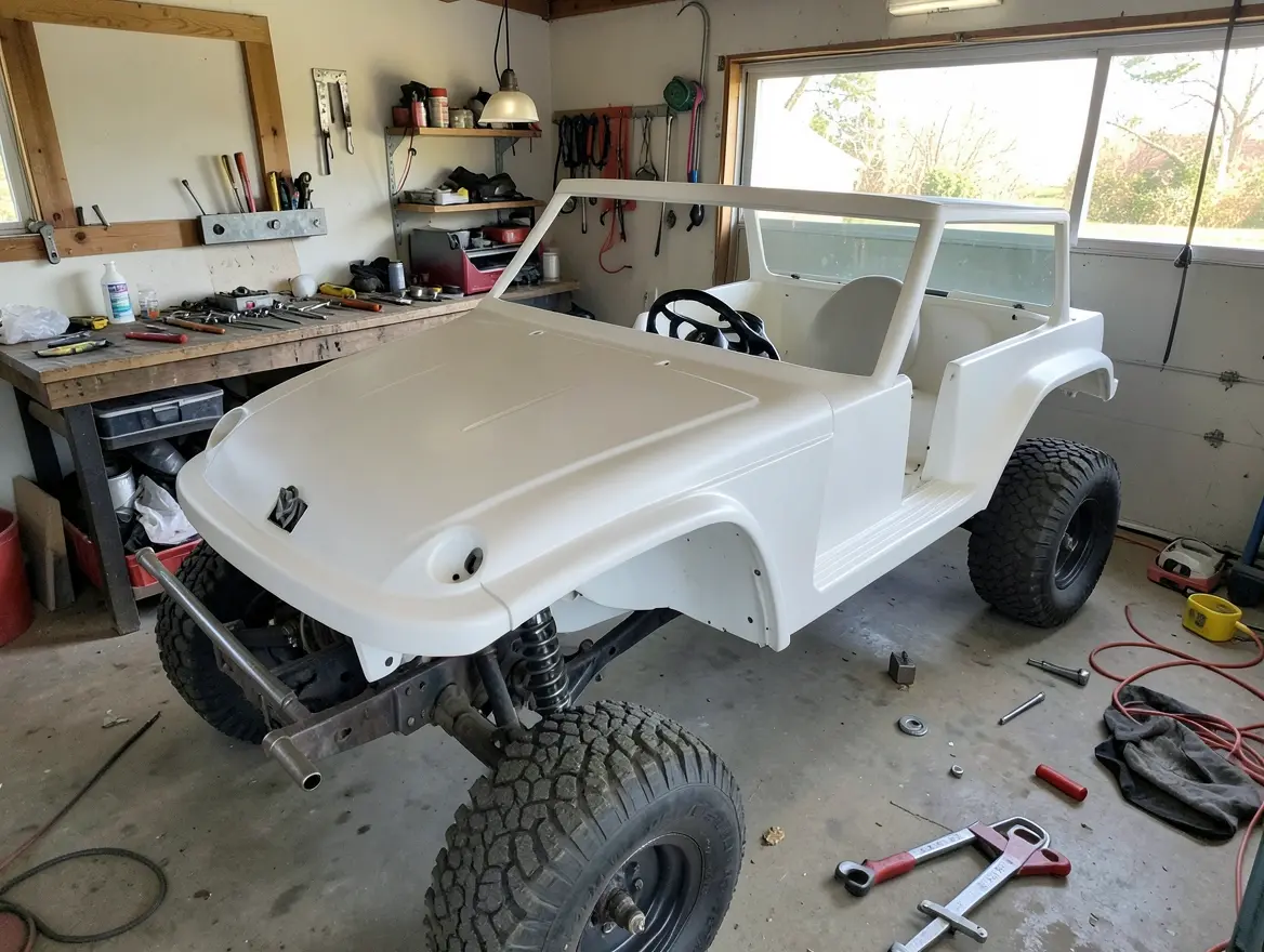 Bare fiberglass dune buggy body being fitted to a stripped VW pan chassis in a home garage