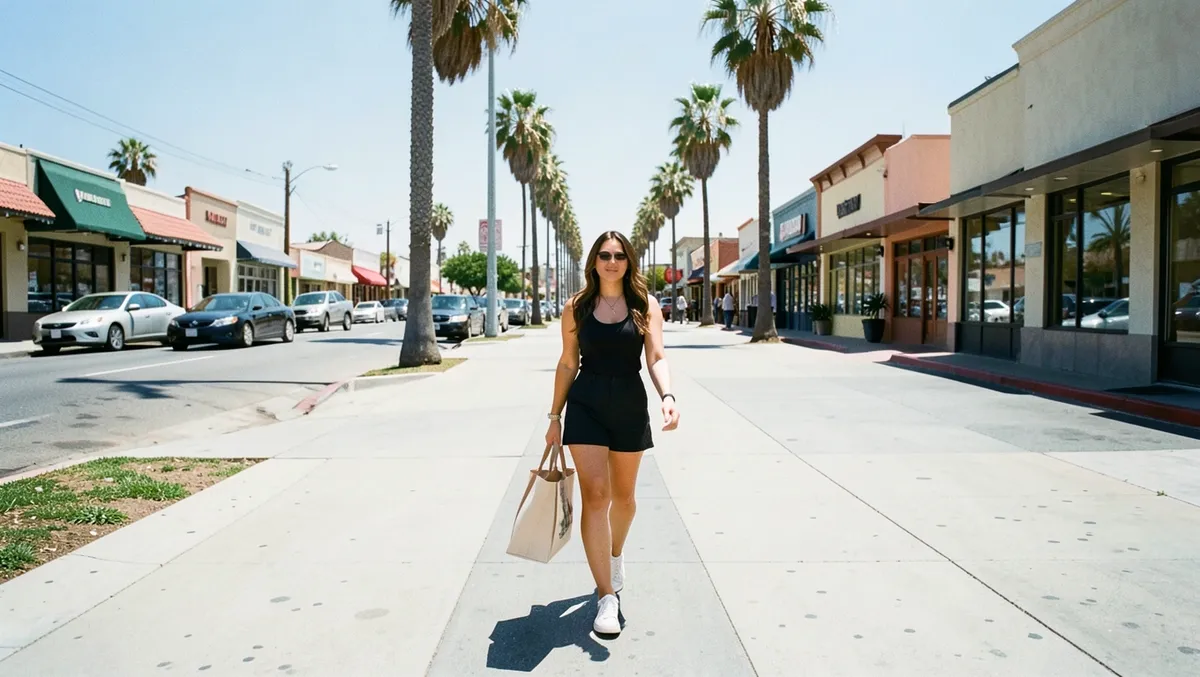 Woman walking on a wide sidewalk in a pedestrian-friendly LA neighborhood