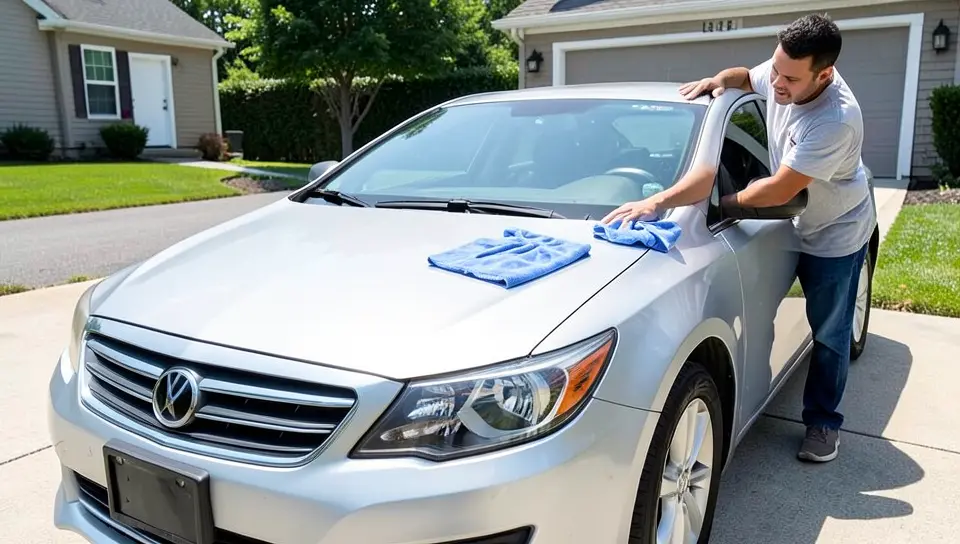 Person washing and detailing a car in the driveway before listing it for sale
