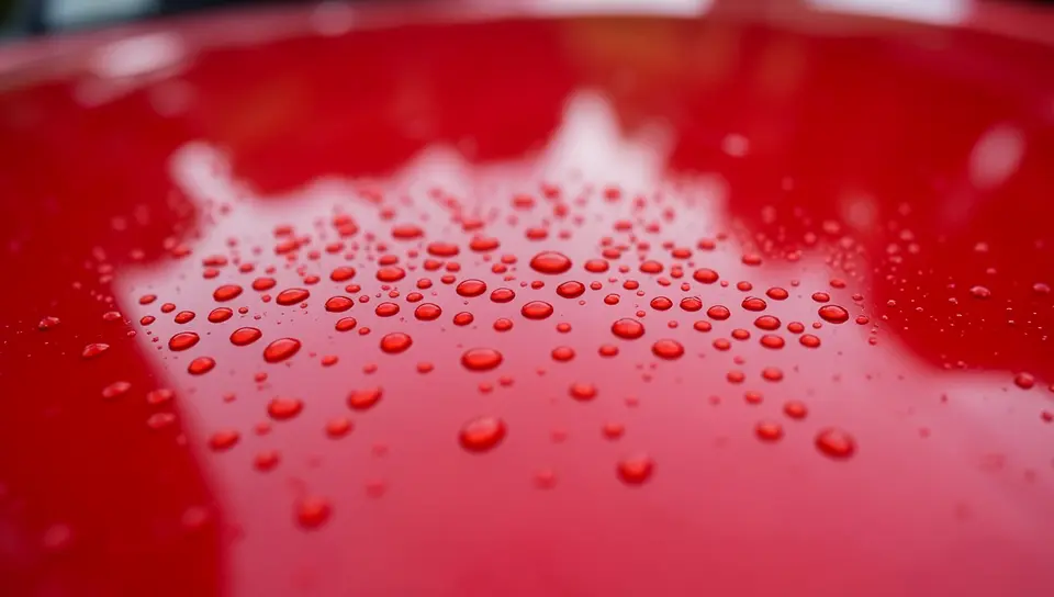 Water beading into small droplets on a car hood protected by paint sealant