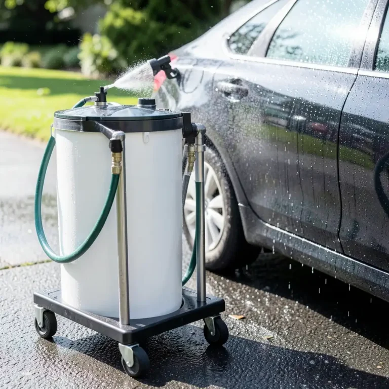 Portable deionized water filtration cart rinsing a car spot-free with a garden hose