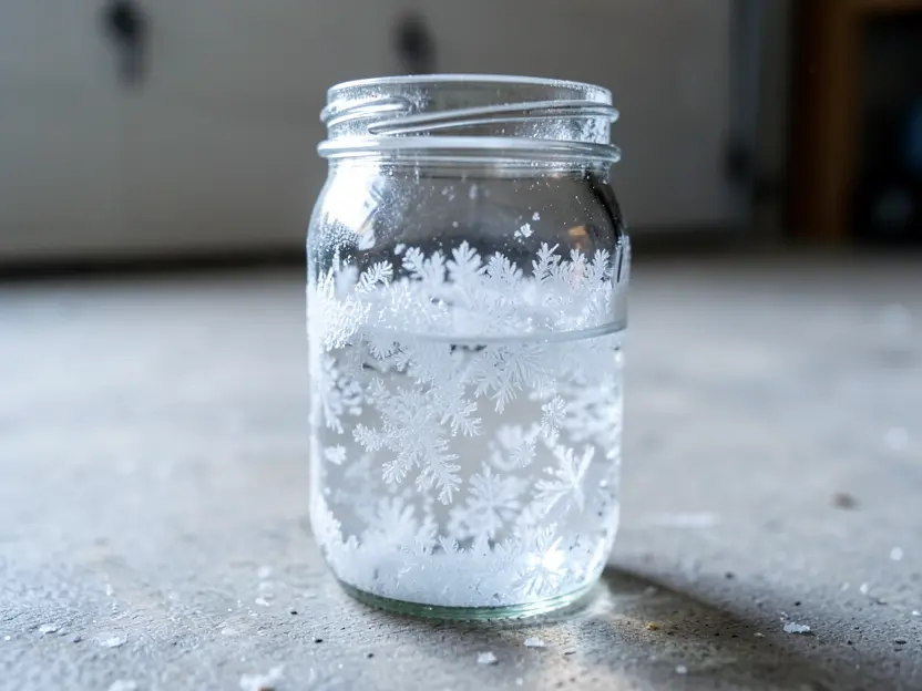Ice crystals forming inside a jar of water in a cold garage, illustrating how water freezes at 32 degrees Fahrenheit