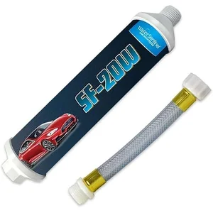 WaterSentinel SF-20W inline deionized water filter attached to a garden hose for spot-free car washing