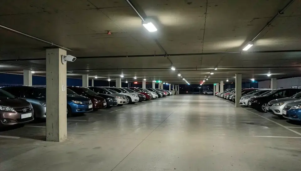 A well-lit parking garage at night with security cameras, an example of a lower-theft-risk parking spot