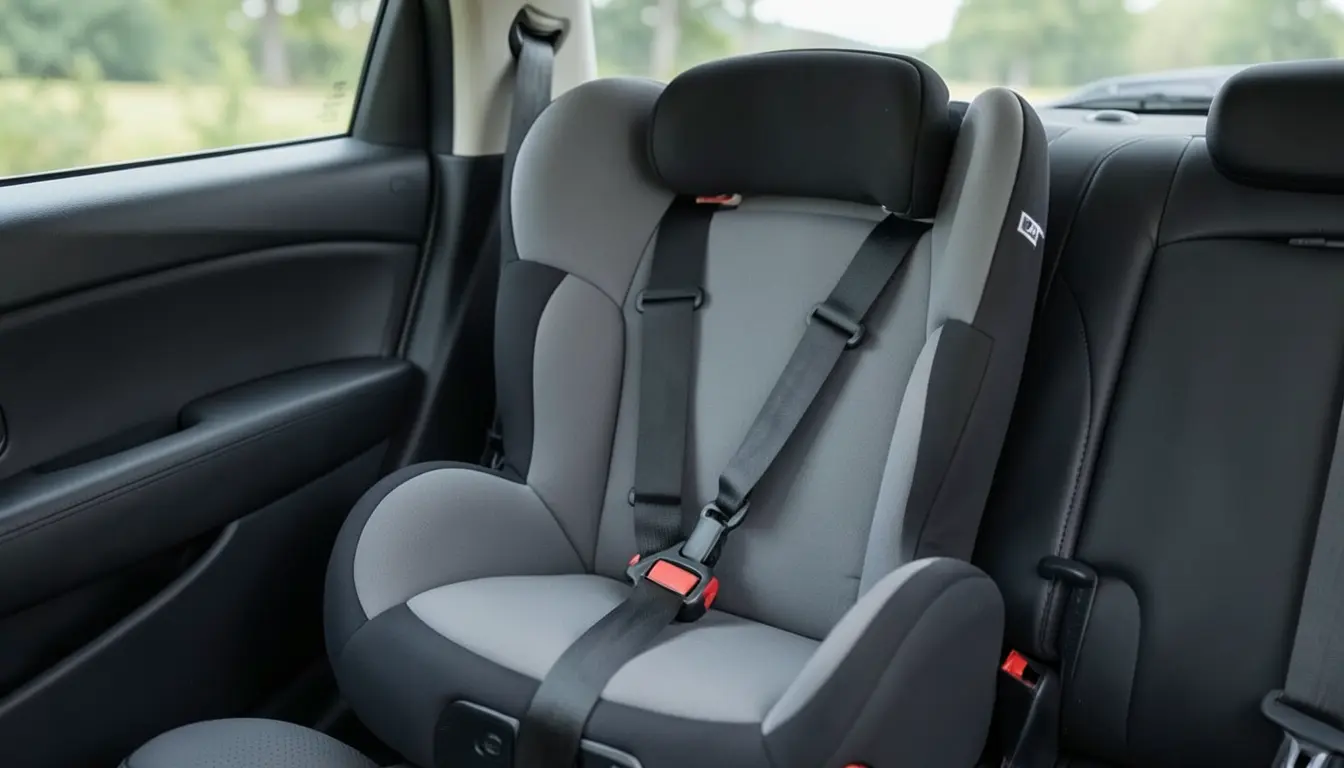 Child car seat with a five-point harness installed in the back seat of a car