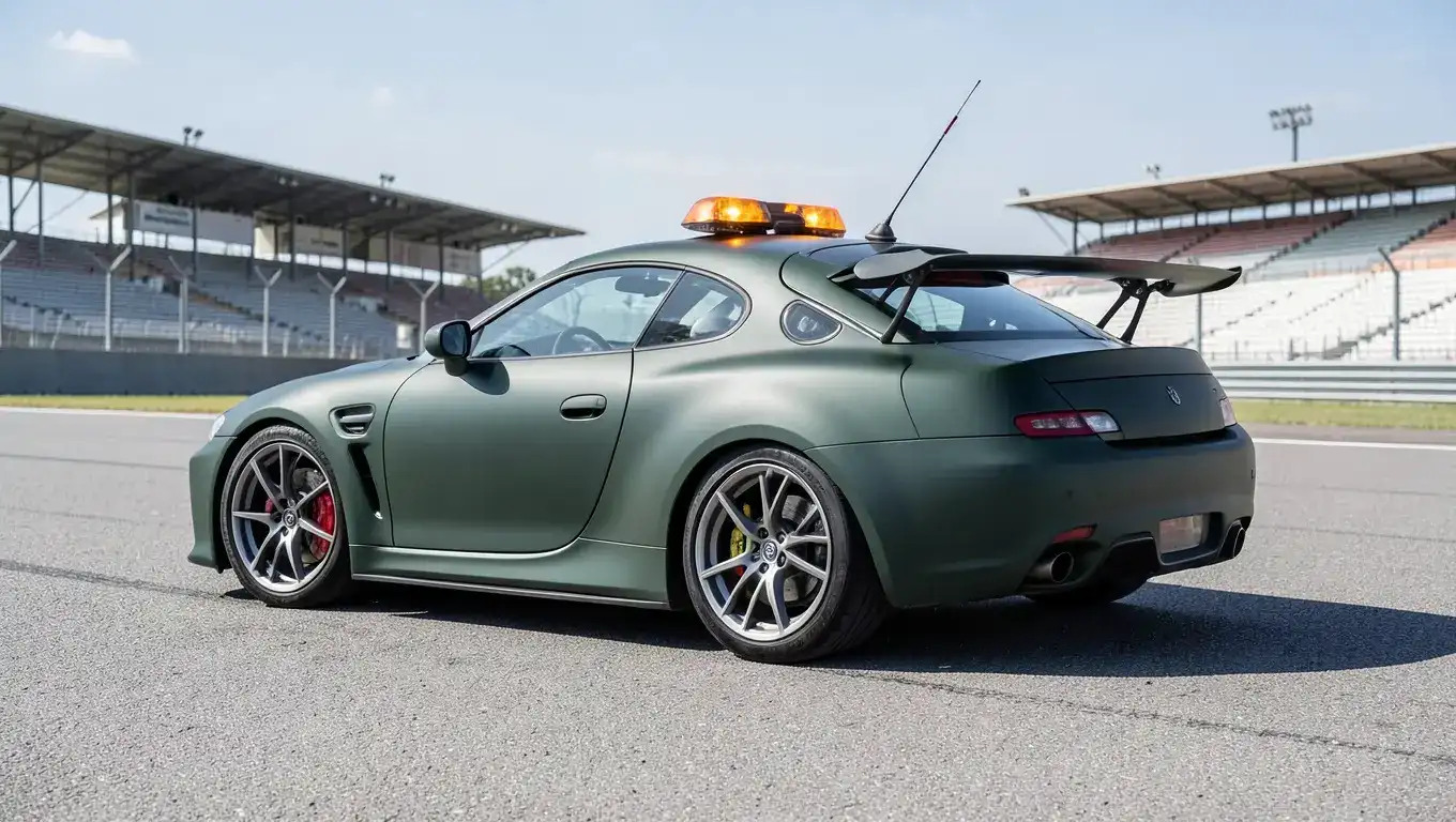 A safety car with amber warning lights waits on an empty motorsport racetrack