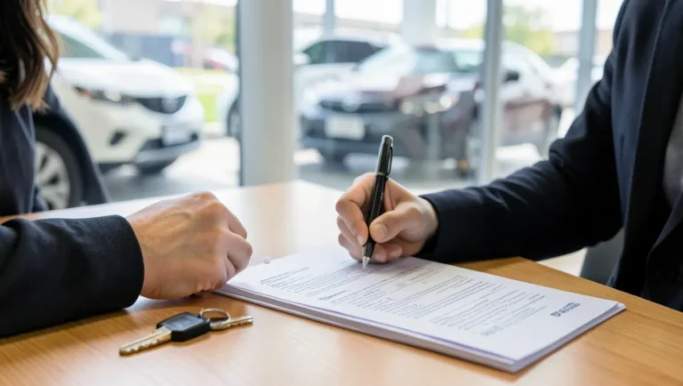 Customer signing auto loan paperwork at a car dealership finance desk