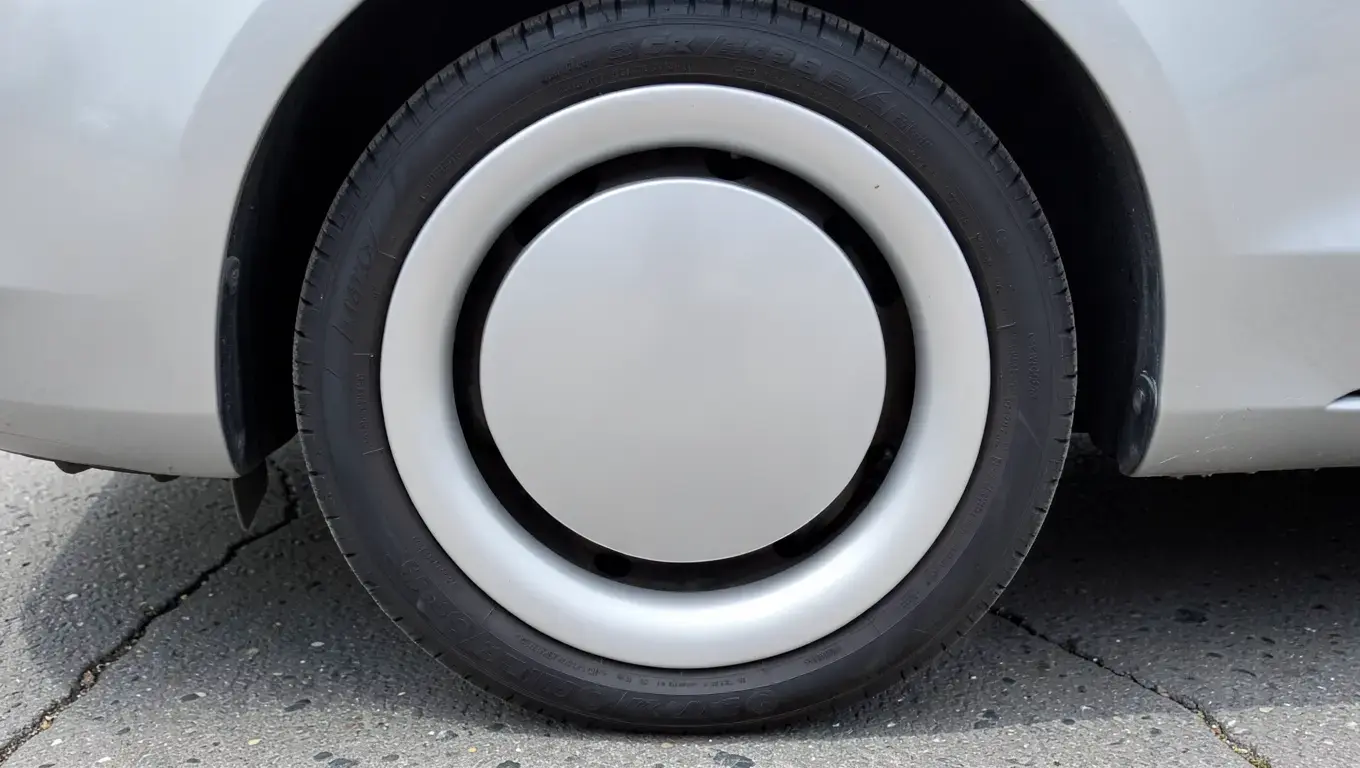 Silver plastic wheel cover hubcap mounted on a car wheel