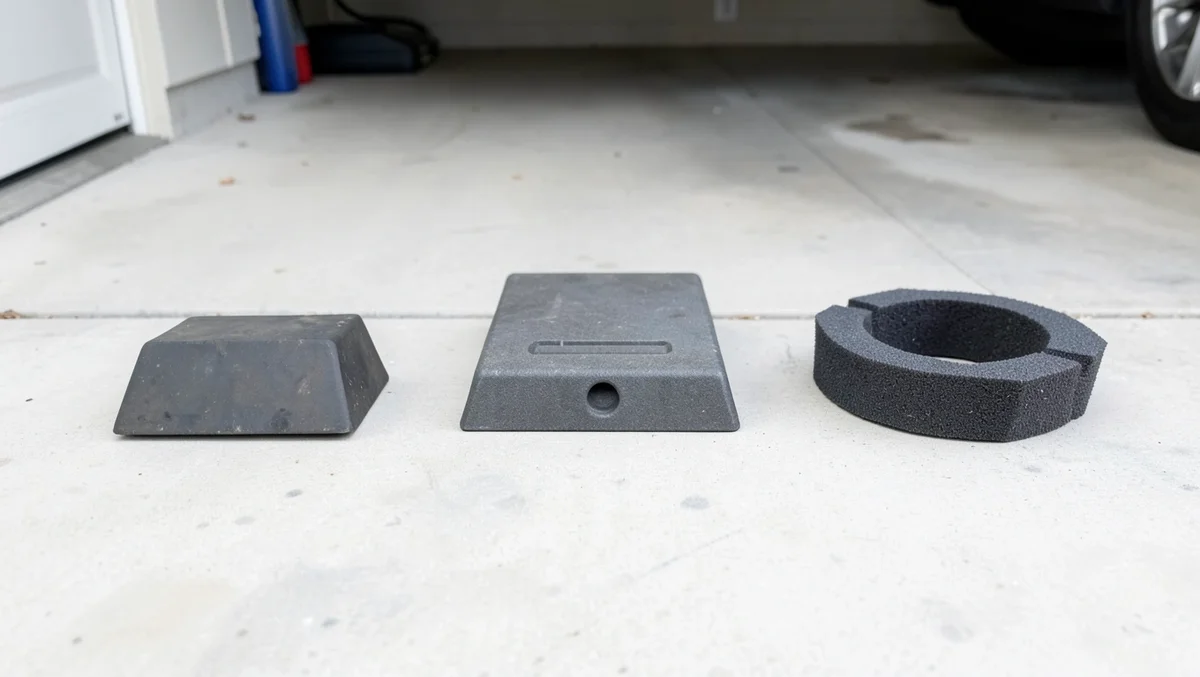 Side-by-side comparison of a rubber wheel chock, a low-profile drive-up ramp, and a foam wheel crib cradle on a garage floor
