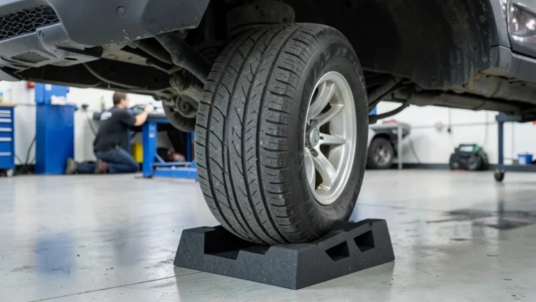 A car wheel resting on a black foam wheel crib support block in a garage, with a mechanic working underneath the vehicle